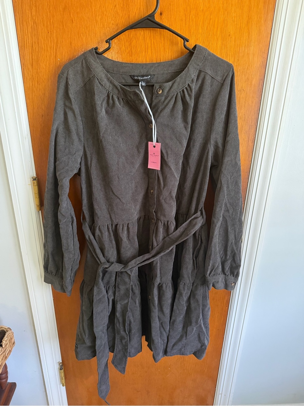 Simply Southern Charcoal Gray Tiered Button-Front Dress with Tie Waist - Picture 1 of 6